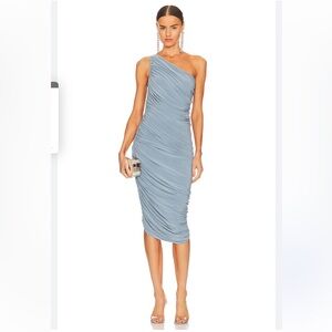 Norma Kamali One-Shoulder Ruched Maxi Dress in Dusty Blue
